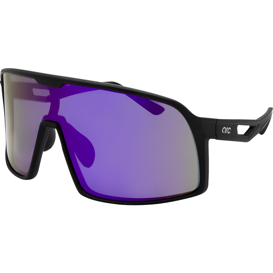 Aether Polarised Shield Sports Sunglasses with Black Frame and Purple Mirrored Lens front left view