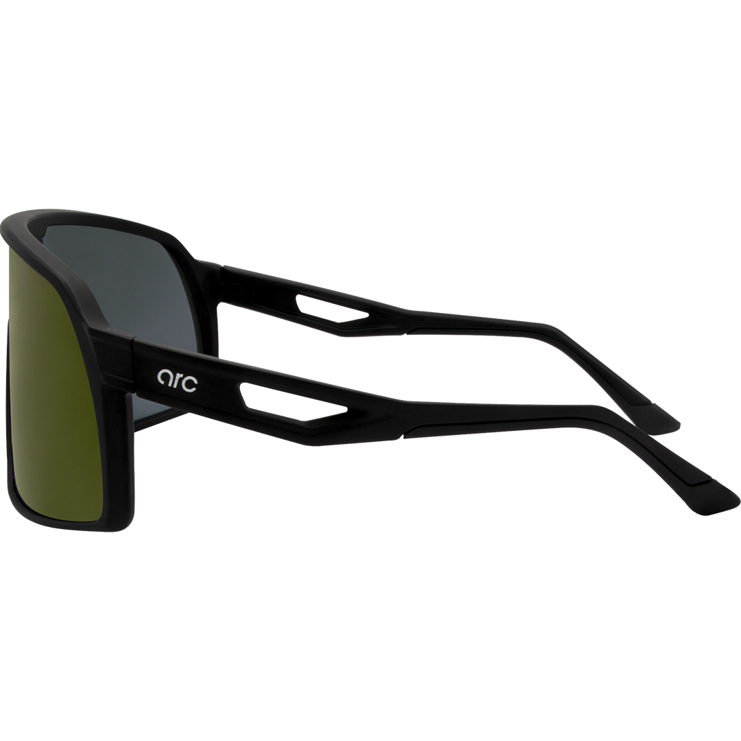Aether Polarised Shield Sports Sunglasses with Black Frame and Purple Mirrored Lens left view