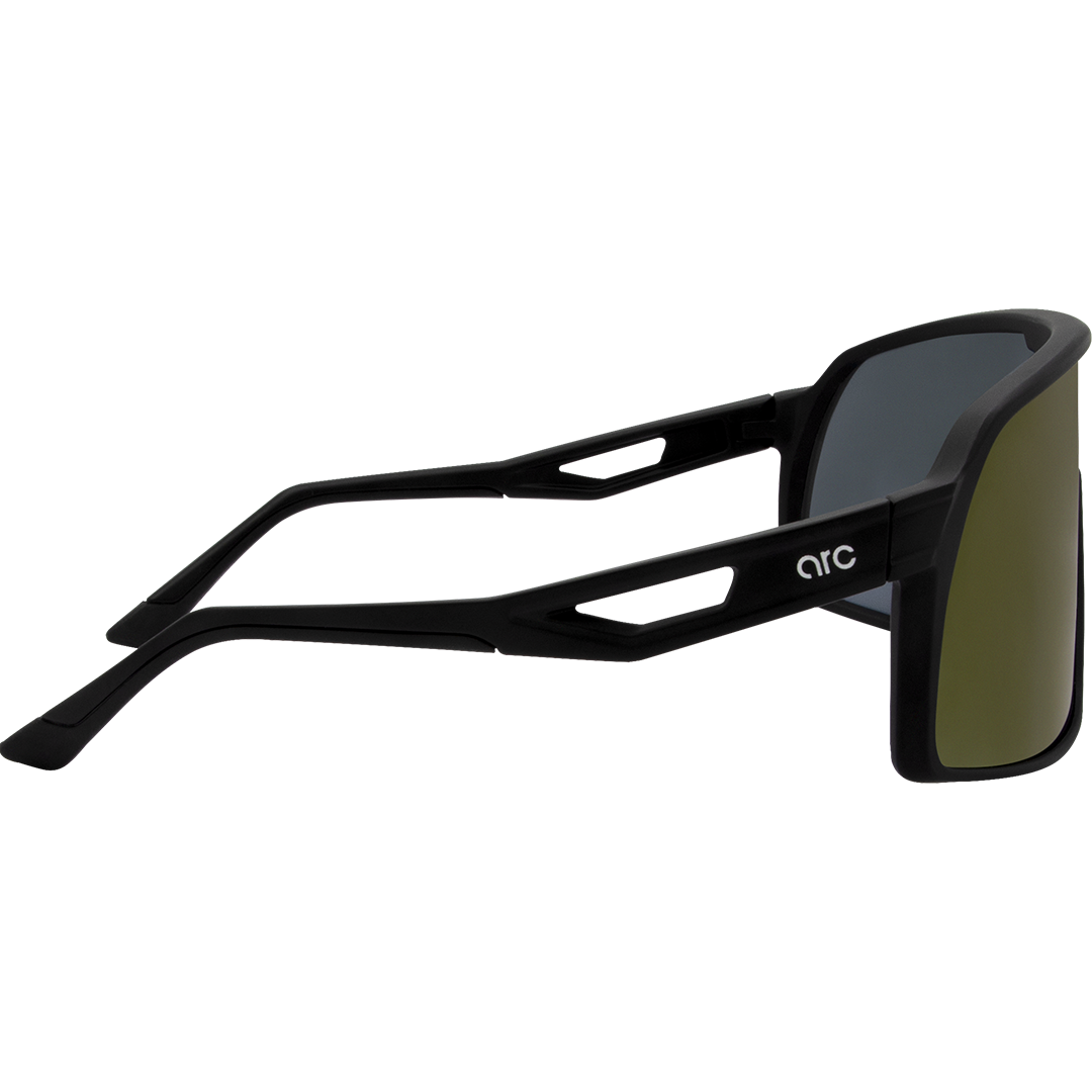 Aether Polarised Shield Sports Sunglasses with Black Frame and Purple Mirrored Lens right view