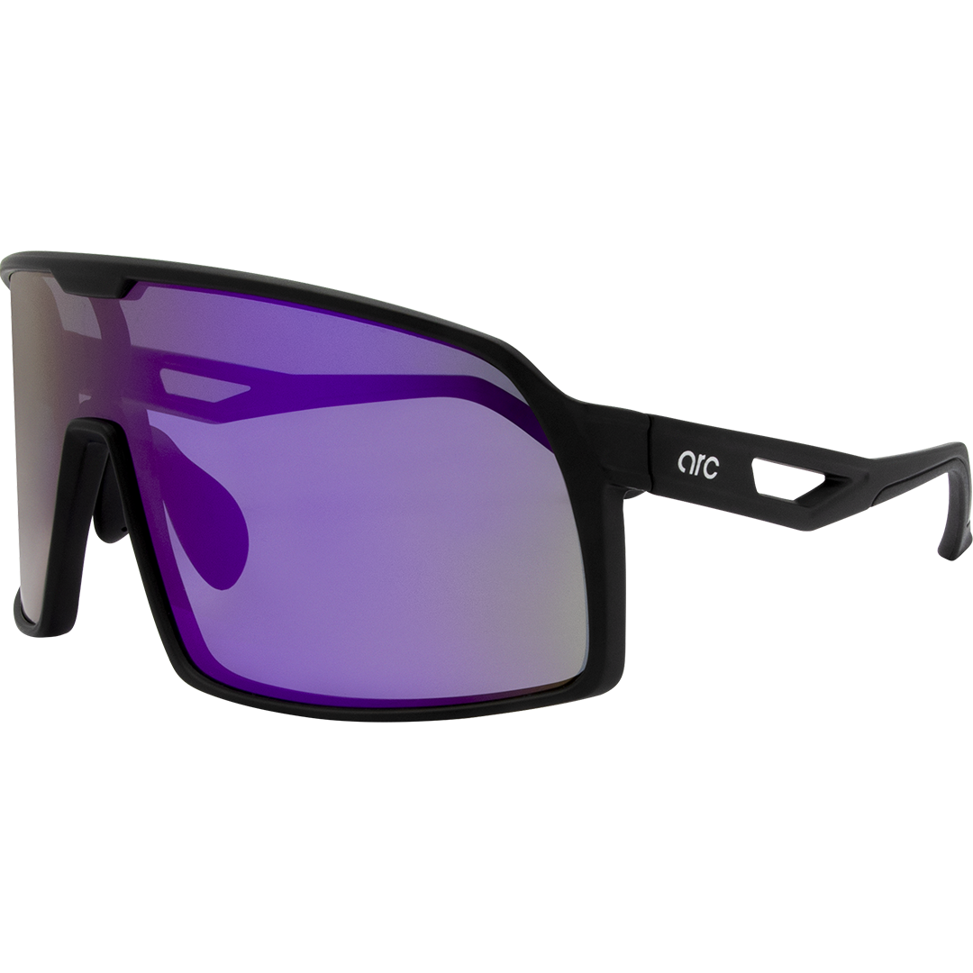 Aether Polarised Shield Sports Sunglasses with Black Frame and Purple Mirrored Lens side profile