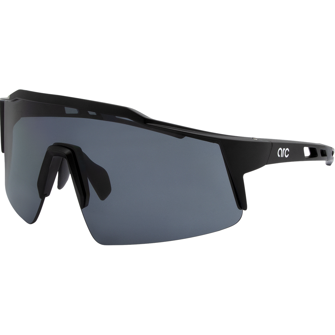 Apex Polarised Shield Sports Sunglasses with Black Frame and Smoke Lens front left view