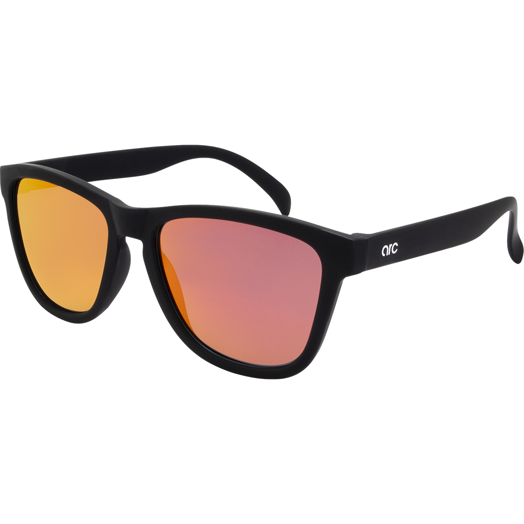 Gritty Polarised Wayfarer Mirrored Sunglasses with Black Frame and Red Lens front left view