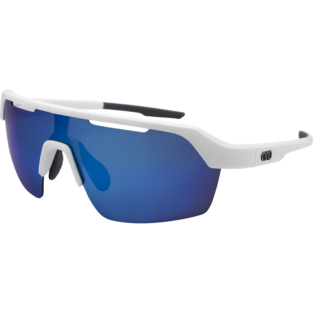 Horizon Polarised Shield Sports Sunglasses with White Frame and Blue Mirrored Lens front left view