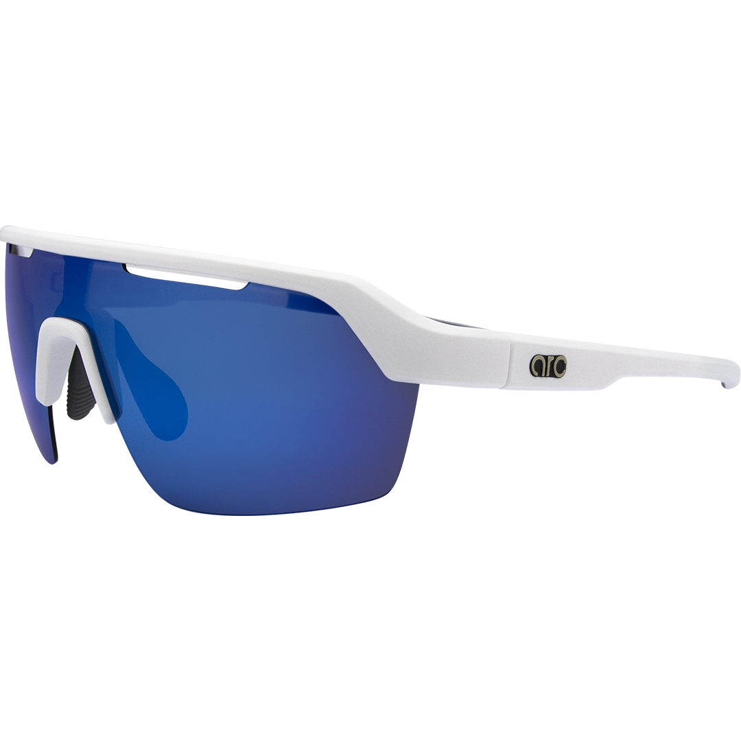 Horizon Polarised Shield Sports Sunglasses with White Frame and Blue Mirrored Lens side profile