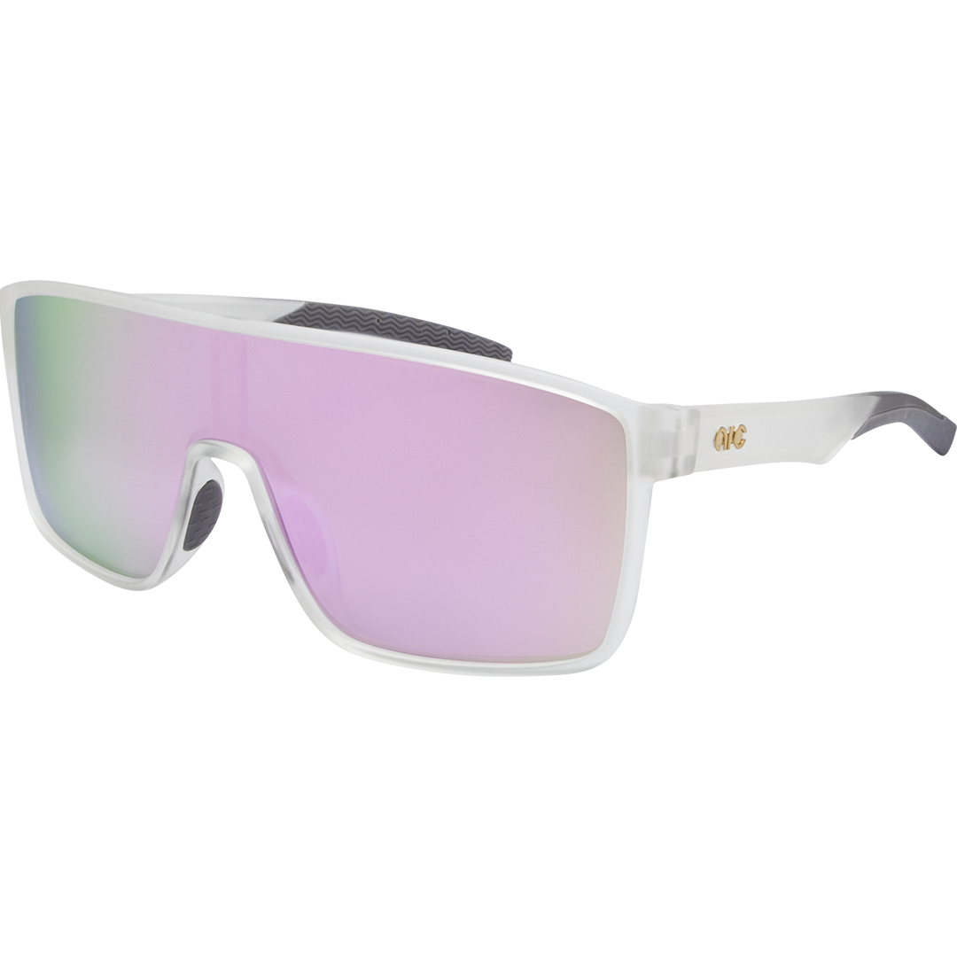 Vortex Polarised Shield Sports Sunglasses with Clear Frame and Pink Mirrored Lens front left view