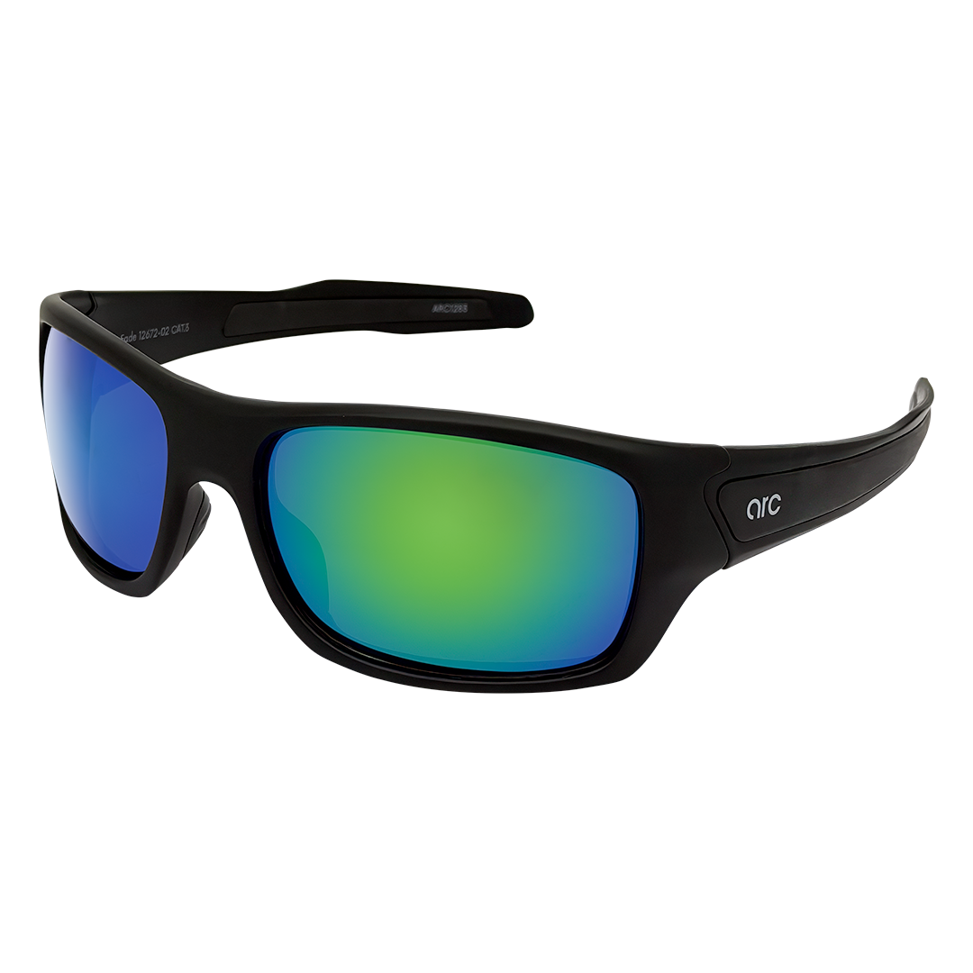 ARC Fade matte black polarised sports sunglasses with green lenses wraparound frame and anti-slip function