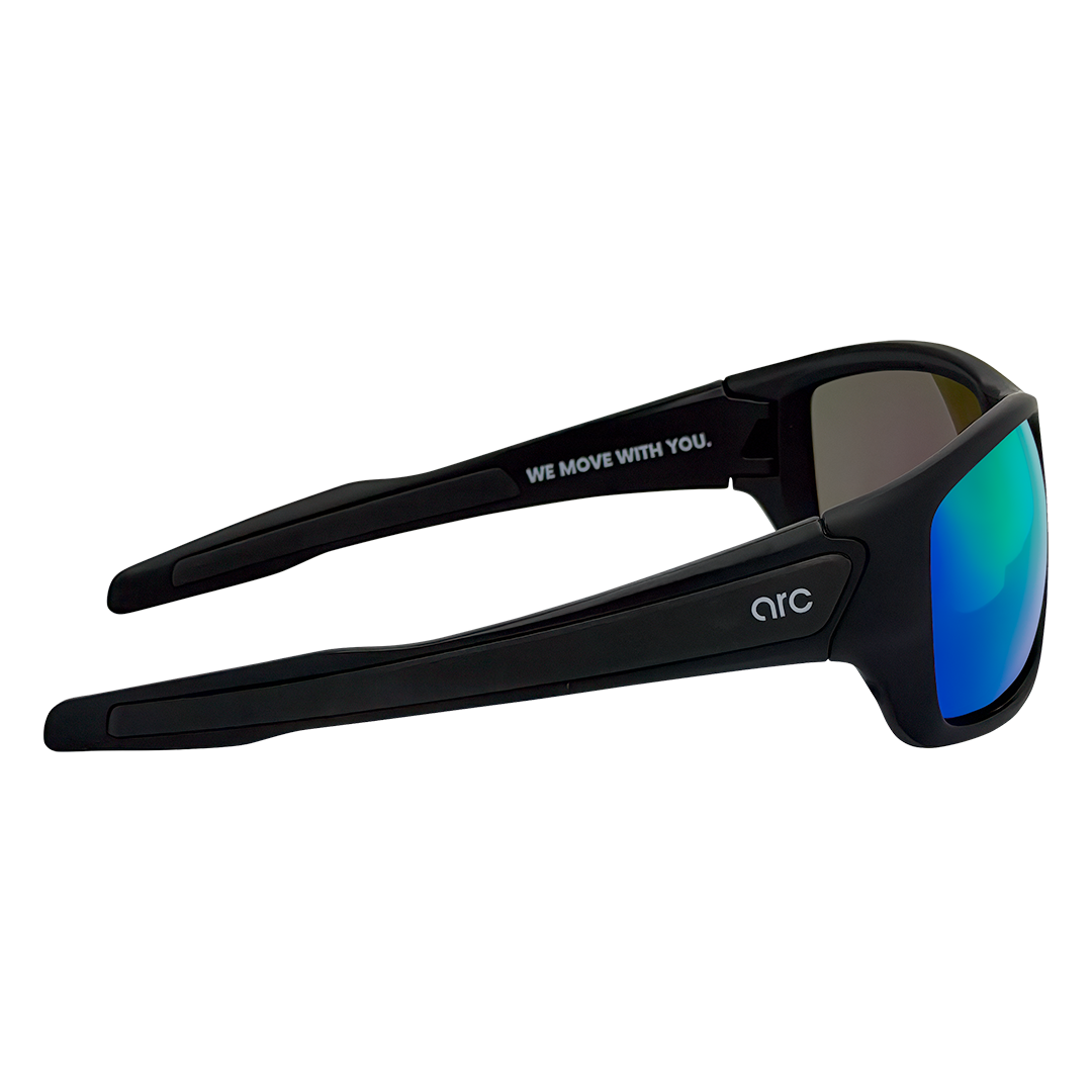 ARC Fade matte black polarised sports sunglasses with green lenses wraparound frame seen from the right side