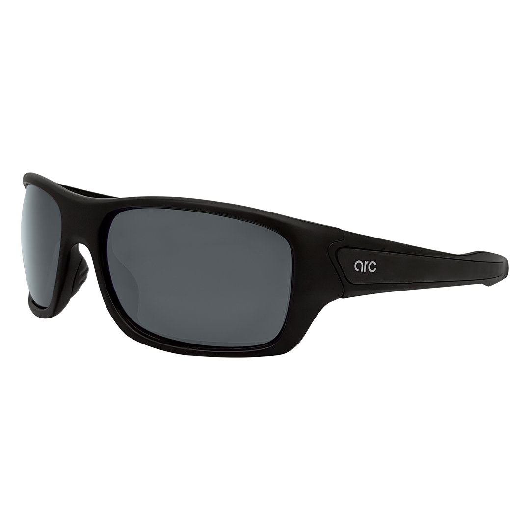 ARC Fade matte black polarised sports sunglasses with smoke lenses and wraparound frame closeup view