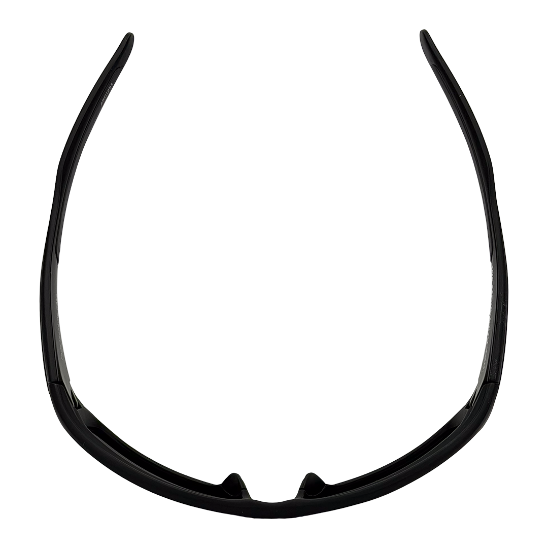 ARC Fade matte black polarised sports sunglasses with smoke lenses and wraparound frame seen from above