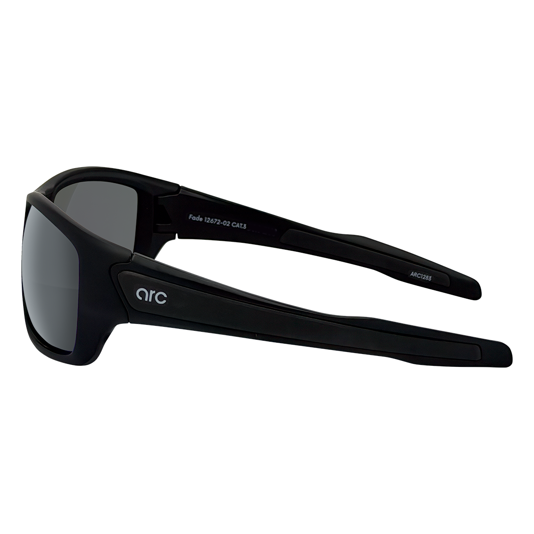 ARC Eyewear Fade matte black polarised sports sunglasses with smoke lenses and wraparound frame side view