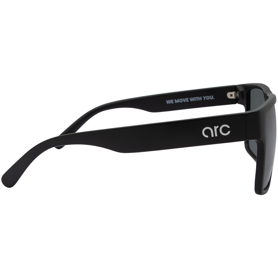 ARC Venture matte black polarised sunglasses with smoke lenses featuring a classic square frame seen from the right