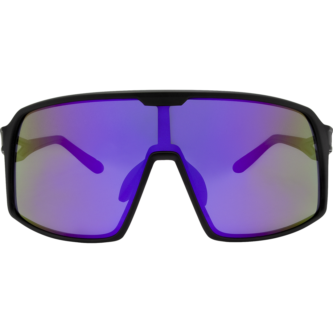 Aether Polarised Black Sports Sunglasses made of an oversized purple mirrored shield