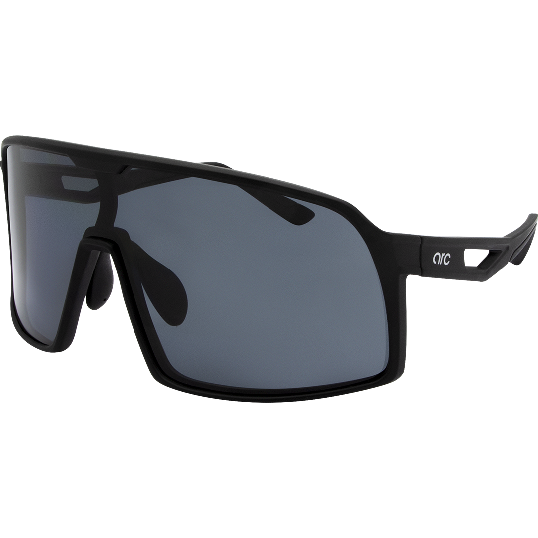 Aether Polarised Shield Sports Sunglasses with Black Frame and Smoke Lens front left view