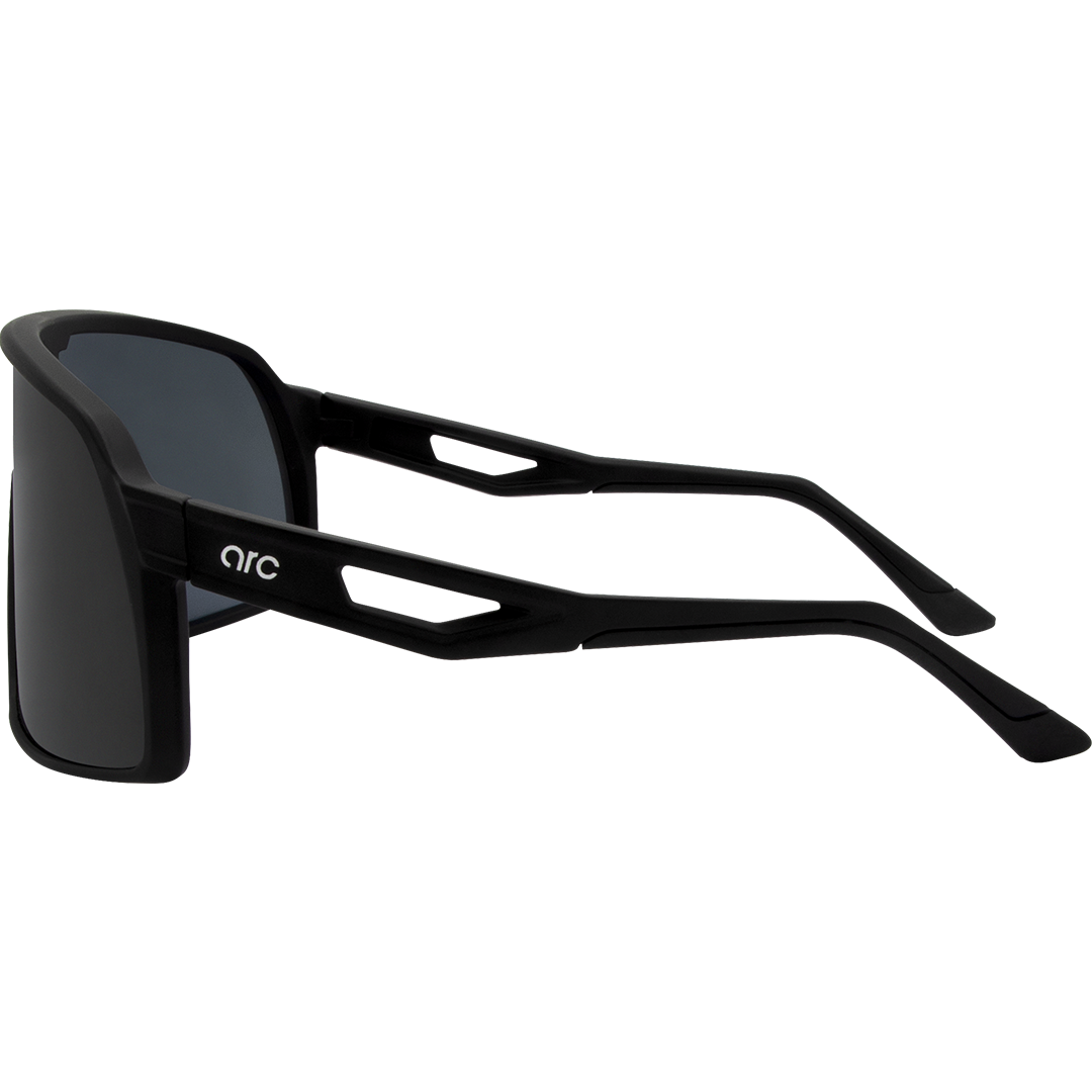 Aether Polarised Shield Sports Sunglasses with Black Frame and Smoke Lens left view