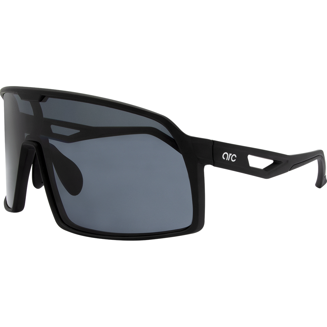Aether Polarised Shield Sports Sunglasses with Black Frame and Smoke Lens side profile