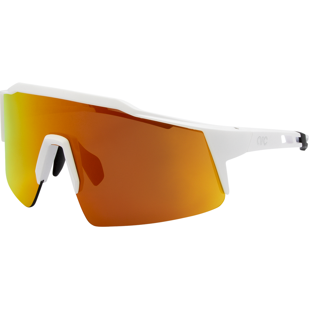 Apex Polarised Shield Sports Sunglasses with White Frame and Red Mirrored Lens front left view