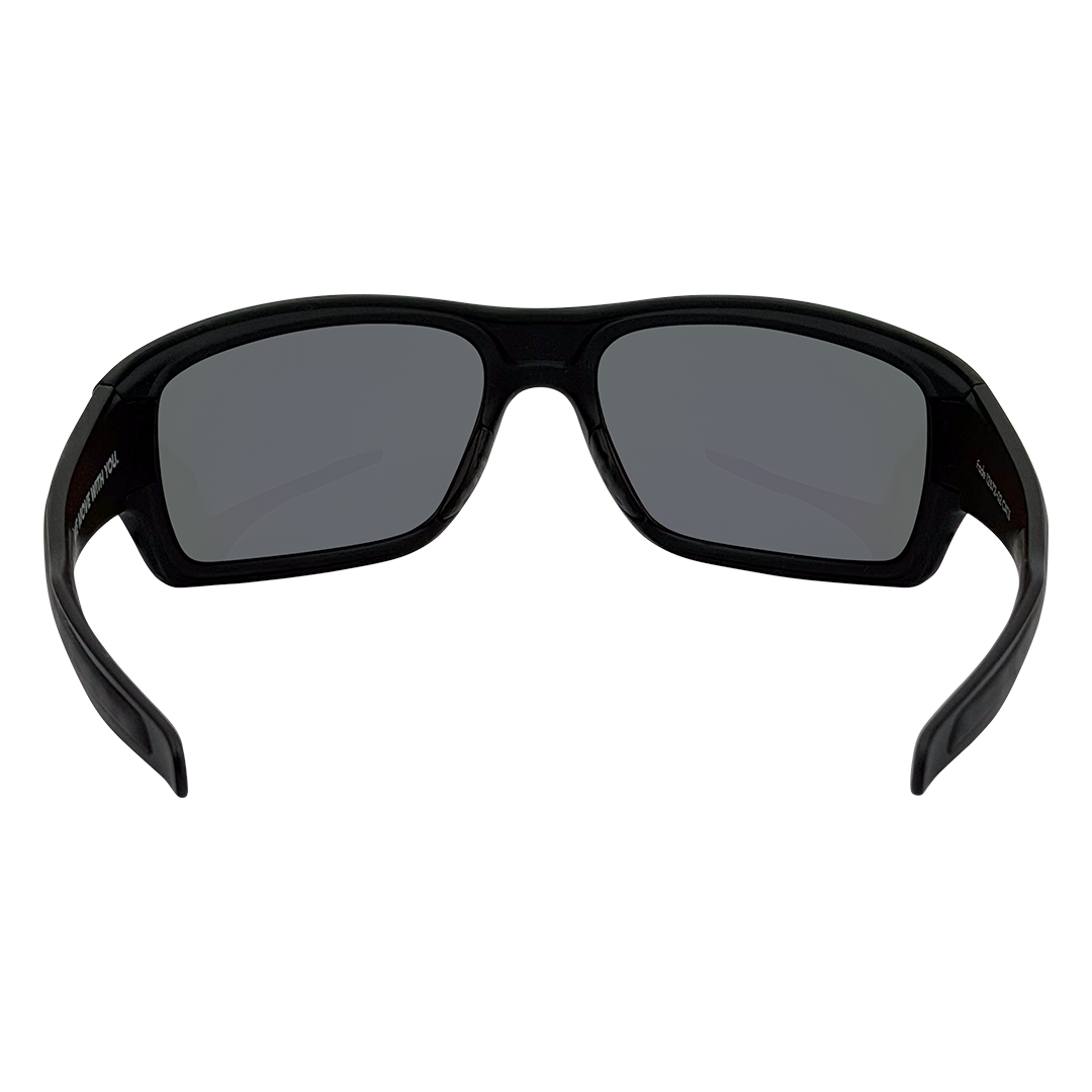Back view of ARC Fade matte black polarised sports sunglasses with smoke lenses and wraparound frame 