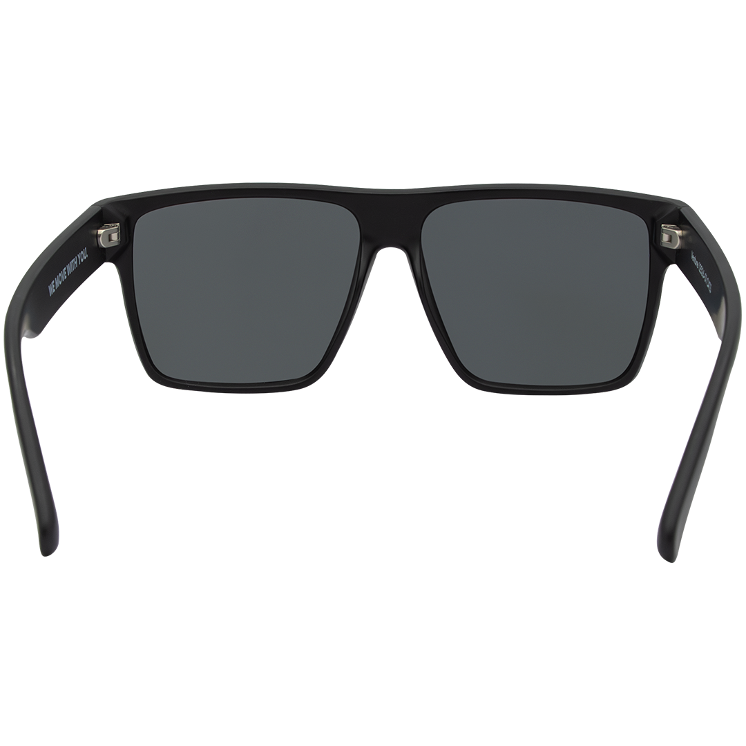 Back view of ARC Venture matte black polarised sunglasses with smoke lenses featuring a classic square frame