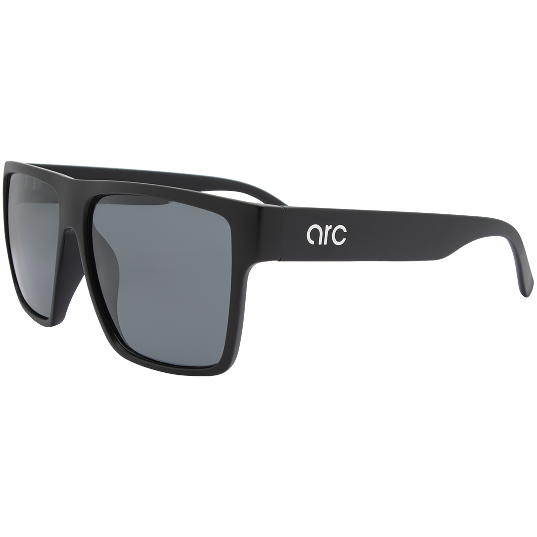 Closeup of ARC Venture matte black polarised sunglasses with smoke lenses featuring a classic square frame 