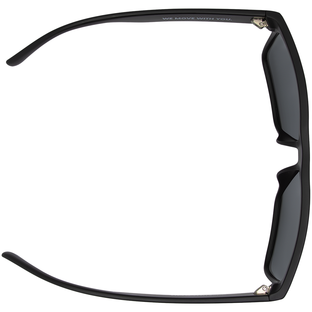 Closeup of ARC Venture matte black polarised sunglasses with smoke lenses featuring a classic square frame seen from above