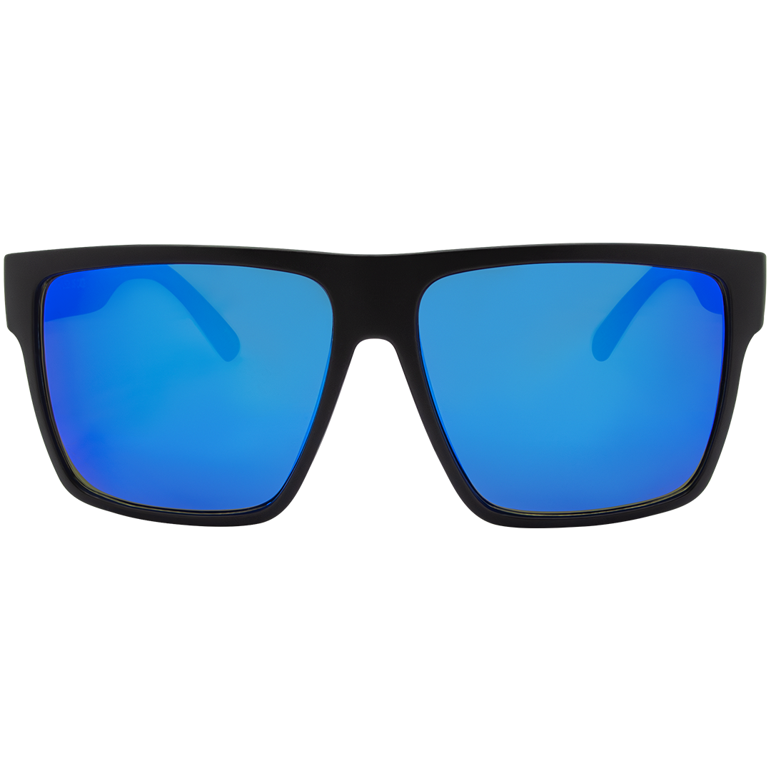Front View of ARC Venture matte black polarised sunglasses with blue lenses, square frame design and anti-slip function for outdoor adventures