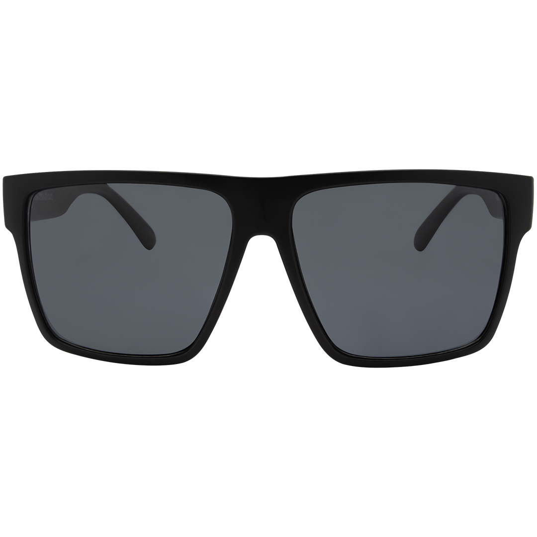 Front view of ARC Venture matte black polarised sunglasses with smoke lenses featuring a classic square frame
