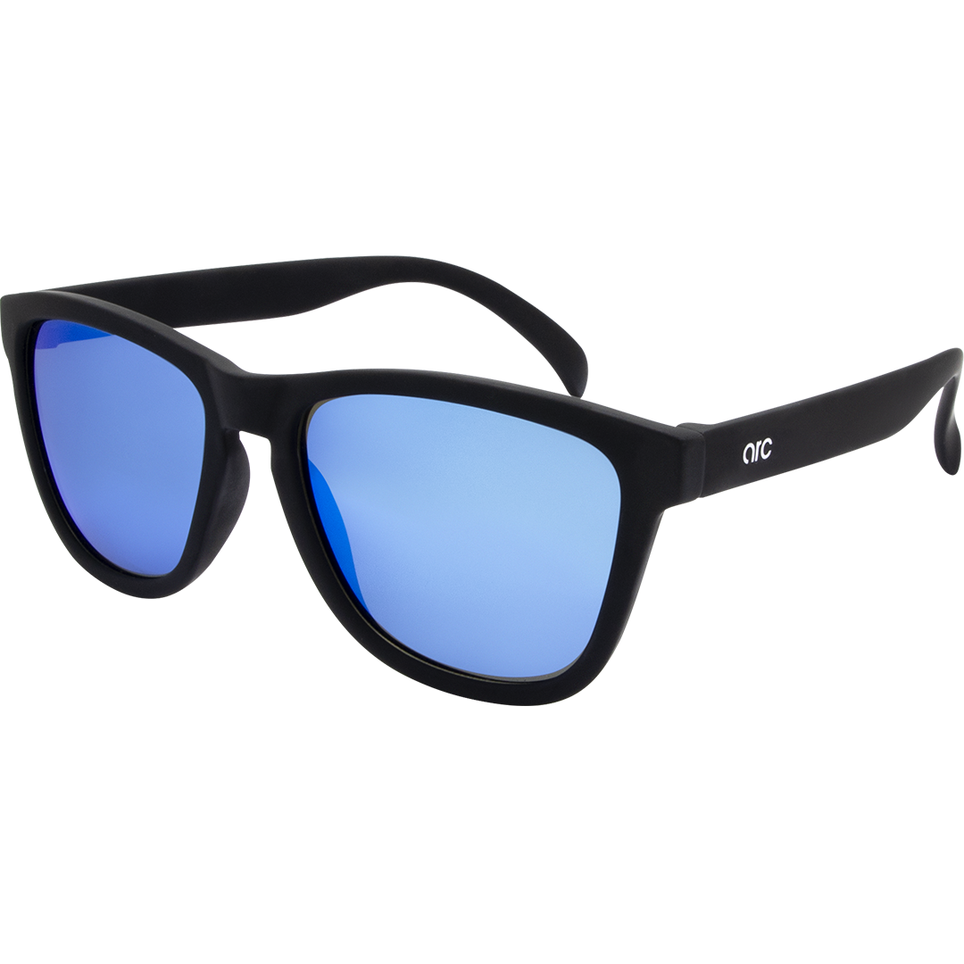 Gritty Polarised Wayfarer Mirrored Sunglasses with Black Frame and Blue Lens front left view