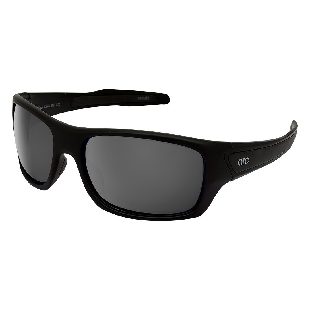 Hero Angle of ARC Fade matte black polarised sports sunglasses with smoke lenses and wraparound frame and anti-slip function