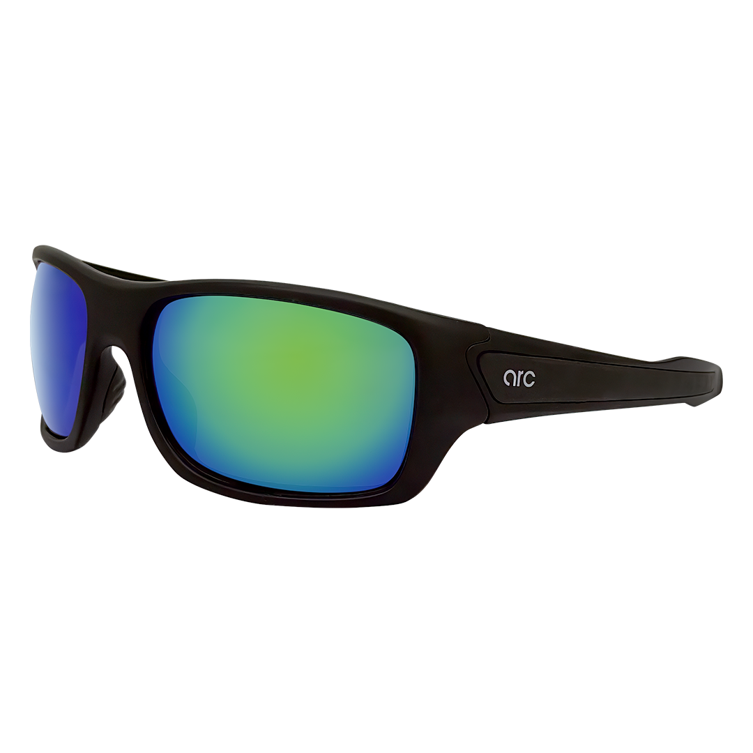 Hero angle of ARC Fade matte black polarised sports sunglasses with green lenses wraparound frame and anti-slip function