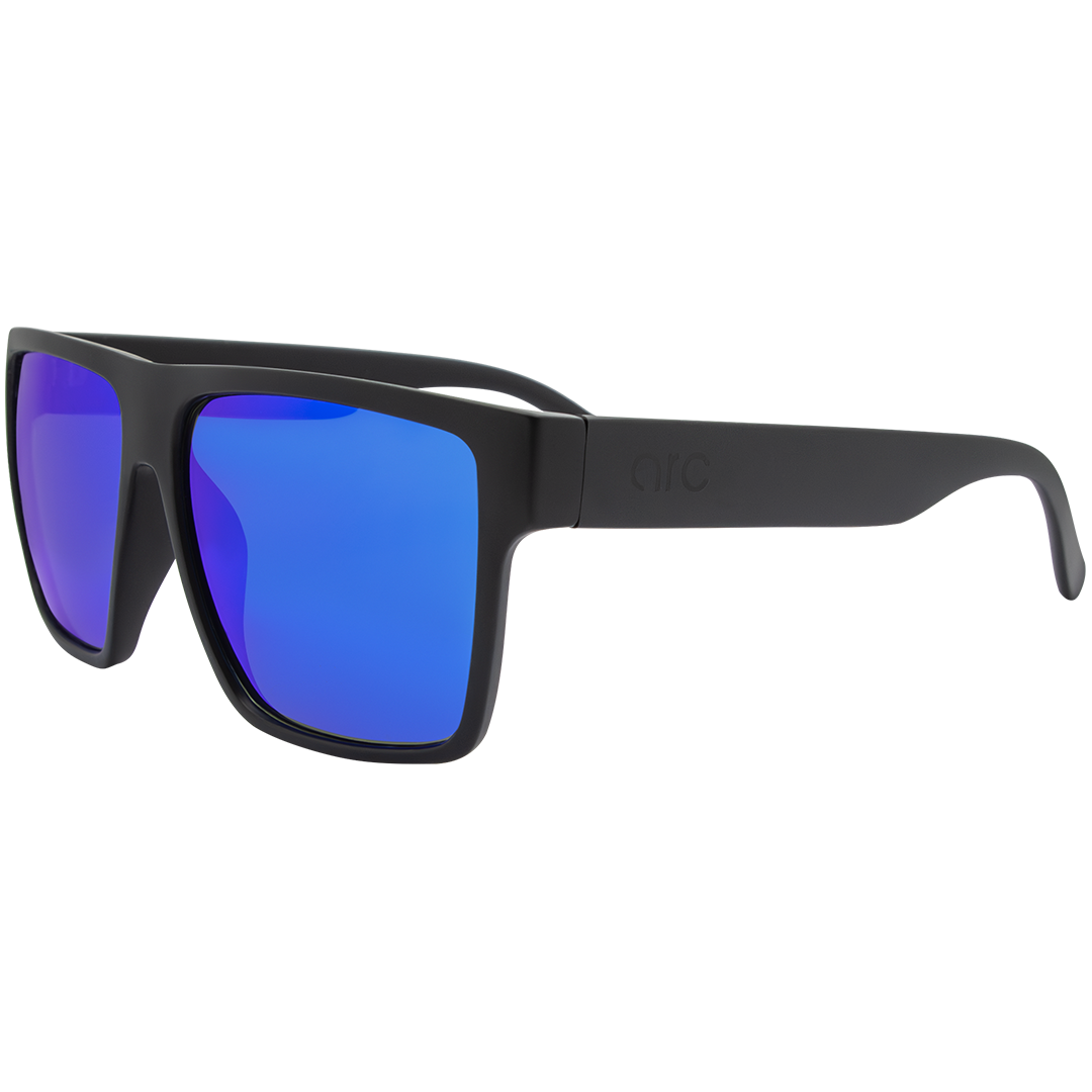 Hero angle of ARC Venture matte black polarised sunglasses with blue lenses, square frame design and anti-slip function for outdoor adventures
