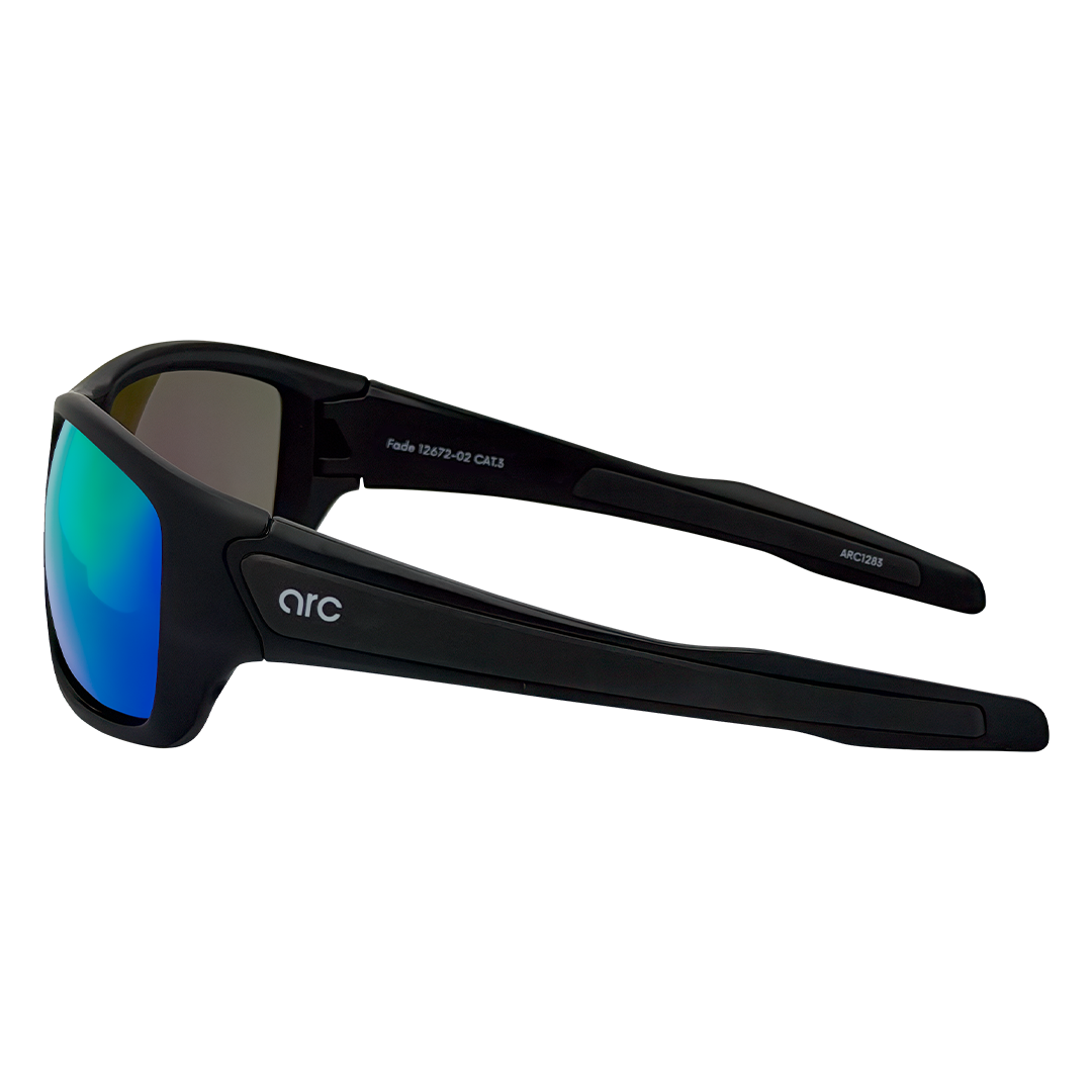 Side angle of ARC Fade matte black polarised sports sunglasses with green lenses wraparound frame
