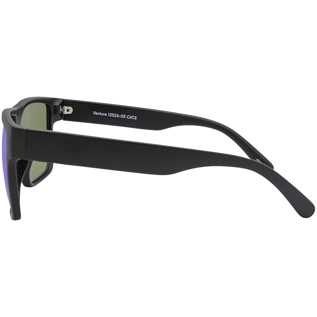 Side profile of ARC Venture matte black polarised sunglasses with blue lenses, square frame design and anti-slip function for outdoor adventures