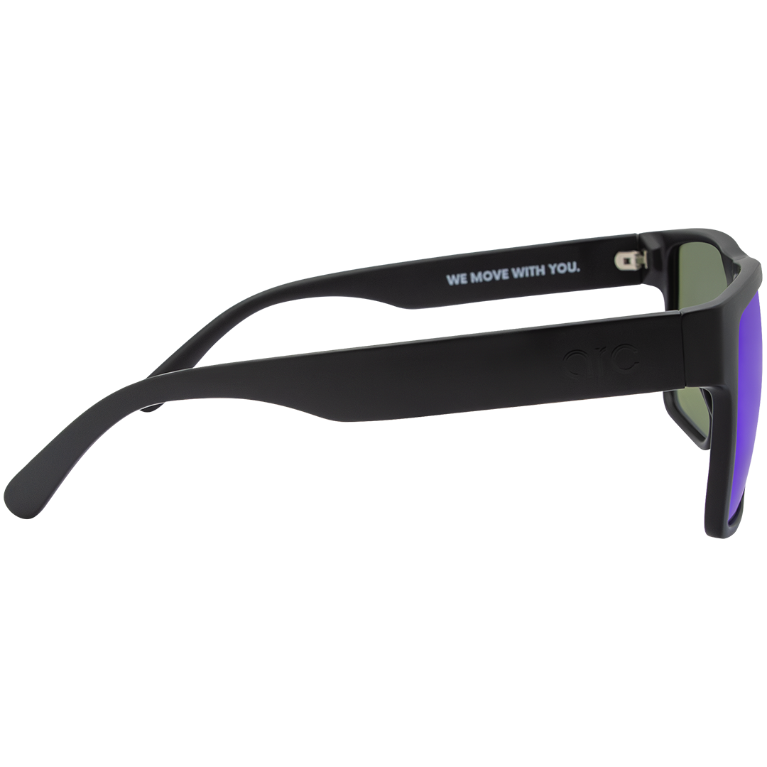 Side view of ARC Venture matte black polarised sunglasses with blue lenses, square frame design and anti-slip function for outdoor adventures