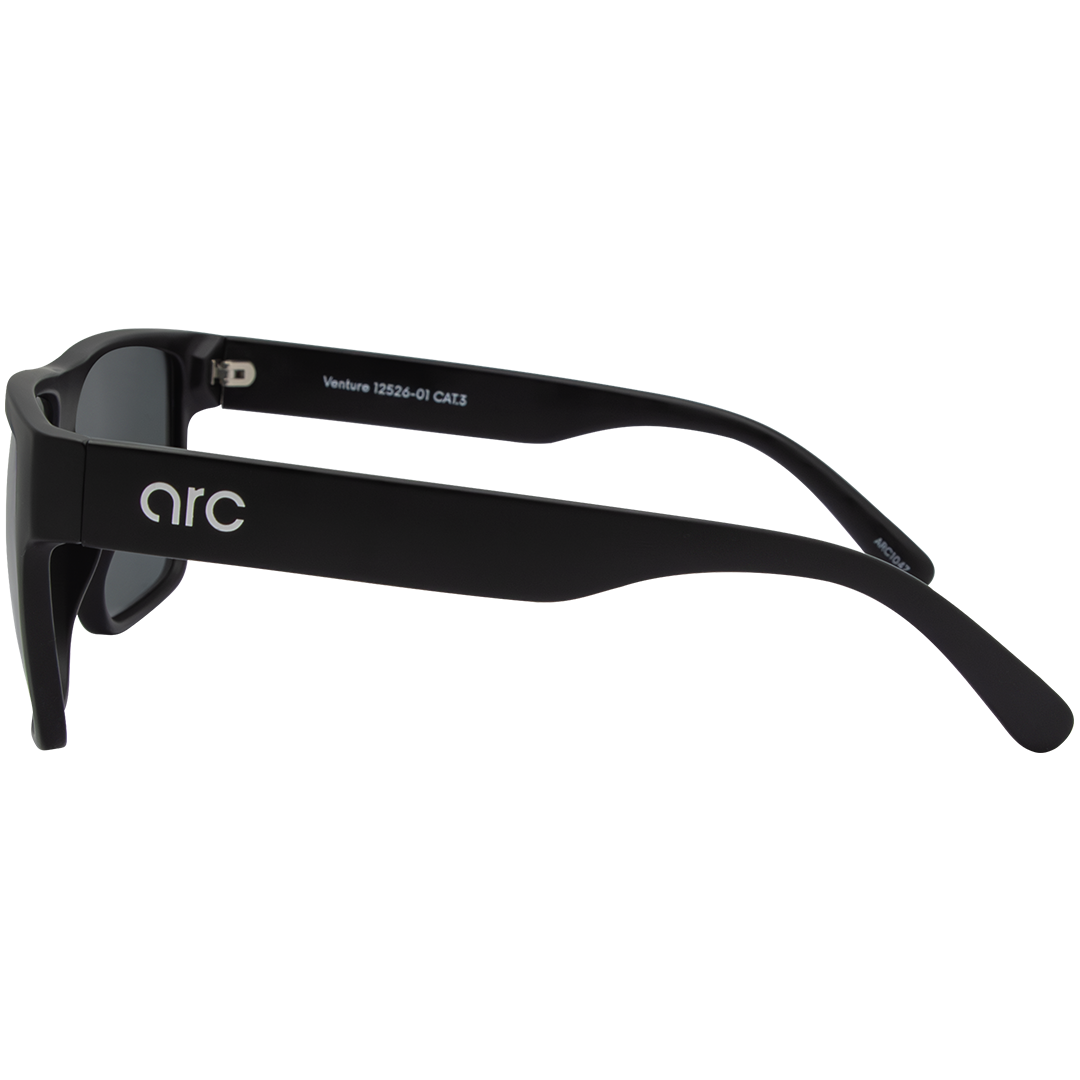 Side view of ARC Venture matte black polarised sunglasses with smoke lenses featuring a classic square frame and anti-slip function
